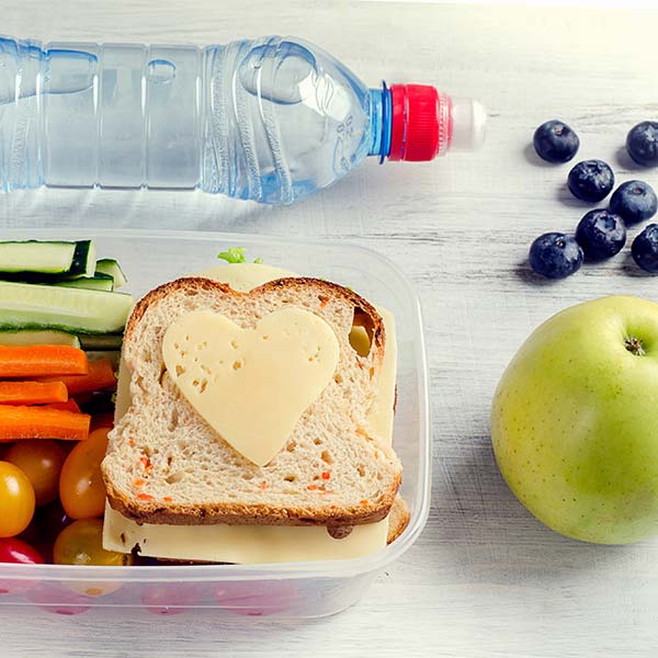 Lunchbox with sandwich topped by heart-shaped cheese, sliced vegetables, blueberries, green apple, and water bottle.
